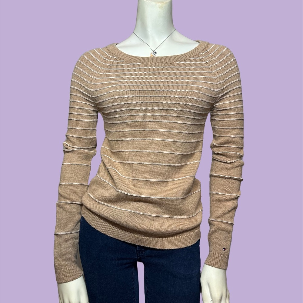 Tommy Hilfiger Tan Crew Neck Sweater with Ribbed Stripes